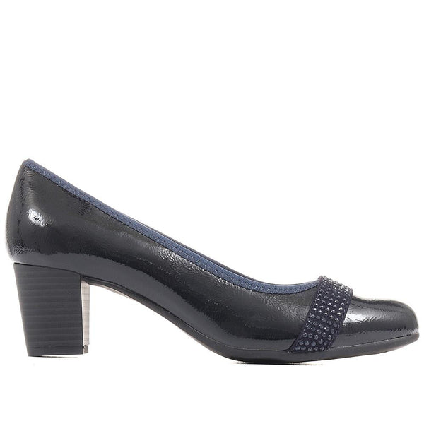 pavers Block Heeled Court Shoes - Navy Patent