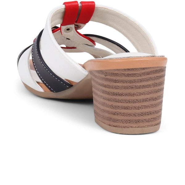 Pavers Block Heeled Mule Sandals - White-Navy-Red