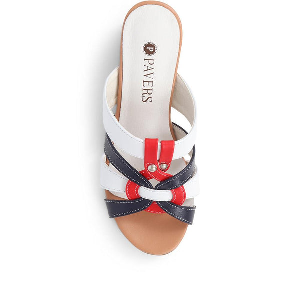 Pavers Block Heeled Mule Sandals - White-Navy-Red