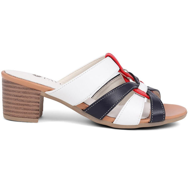 pavers Block Heeled Mule Sandals - White-Navy-Red