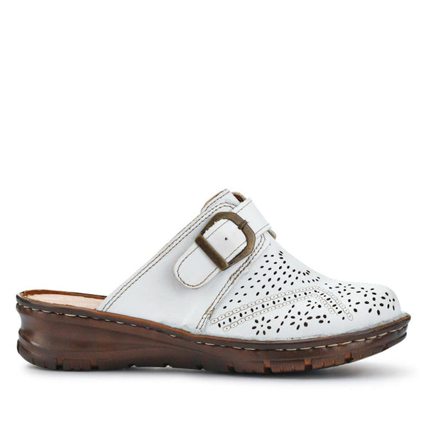 pavers Breathable Leather Buckled Mules - White