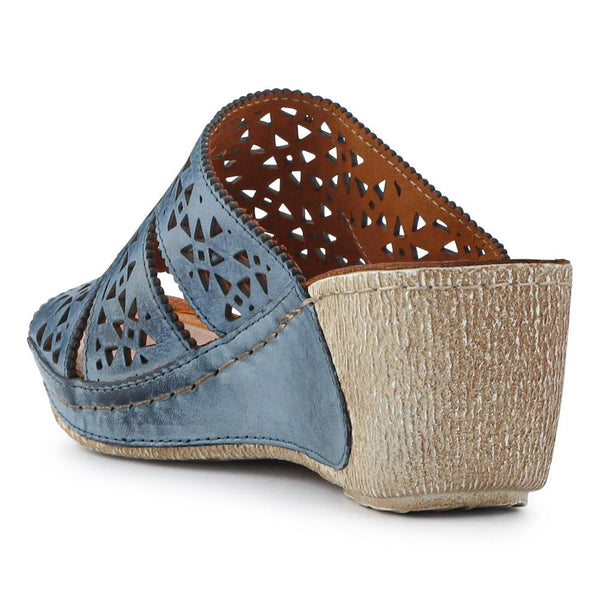Pavers Breathable Leather Wedged Mules - Denim