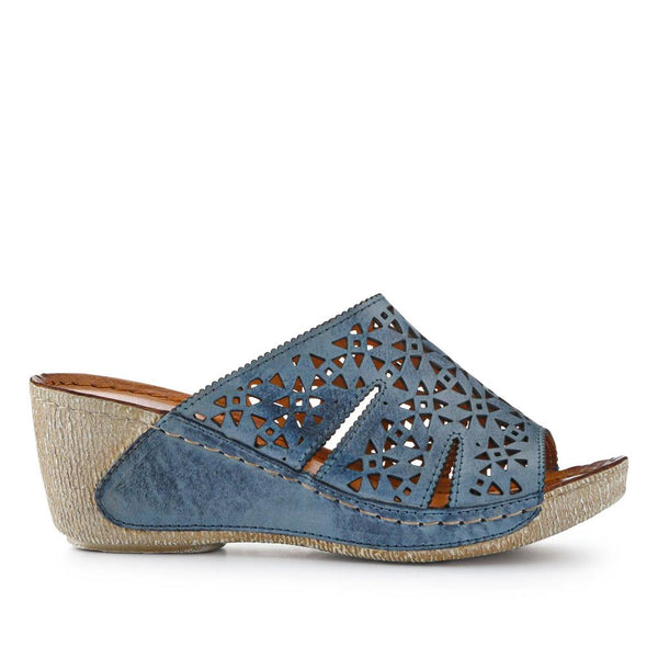 pavers Breathable Leather Wedged Mules - Denim