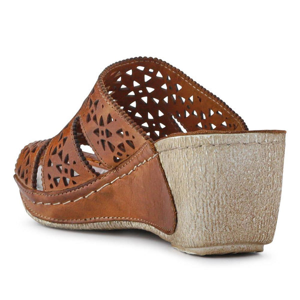 Pavers Breathable Leather Wedged Mules - Tan