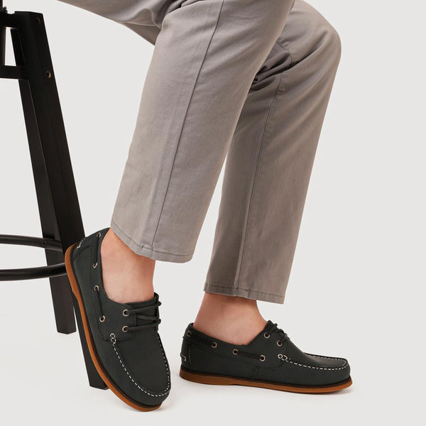 Pavers Casual Leather Boat Shoes - Black