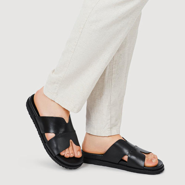 Pavers Casual Men's Leather Slide Sandals - Black