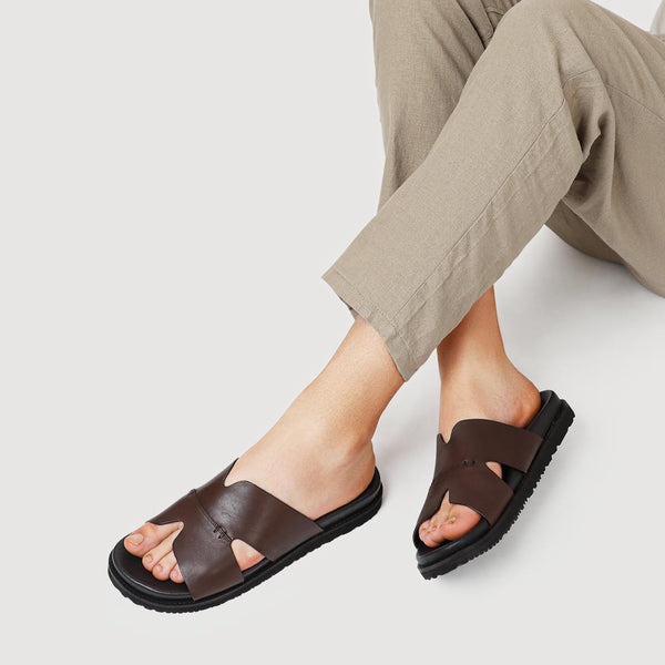 Pavers Casual Men's Leather Slide Sandals - Brown