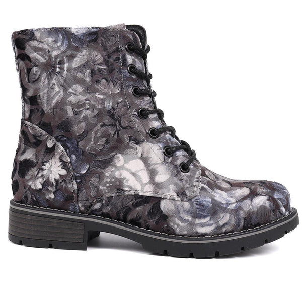 pavers Chunky Lace-Up Ankle Boots - Grey Floral
