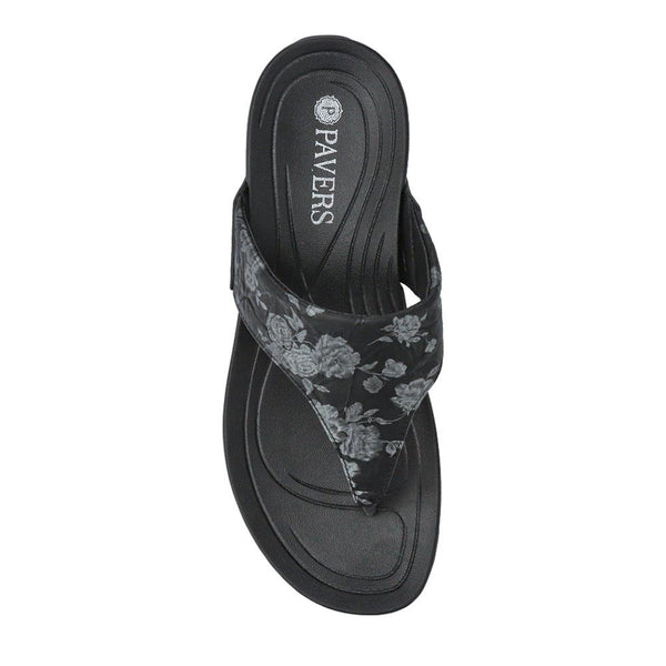 Pavers Chunky Toe Post Sandals - Black Floral