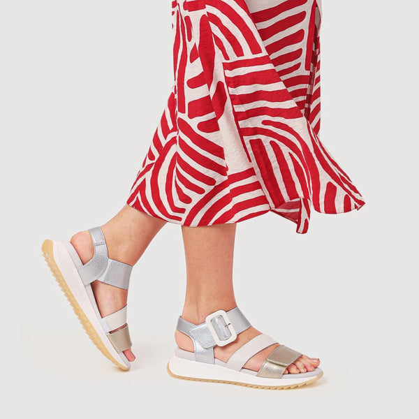 Pavers Dual-Fasten Leather Sandals - White Metallic