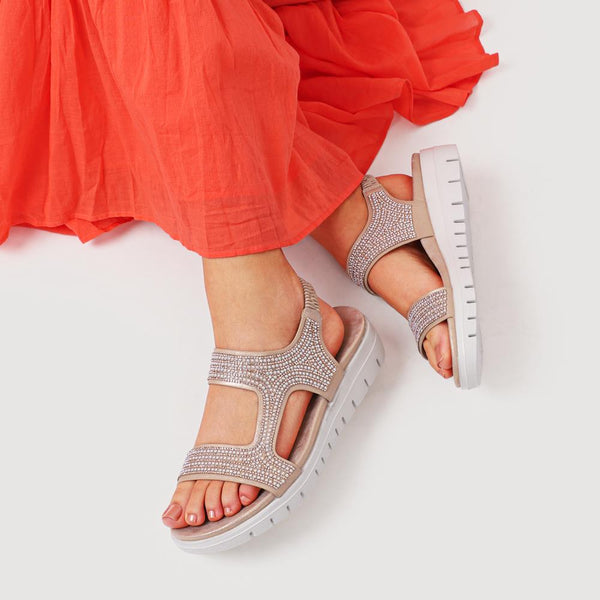 Pavers Elasticated Embellished Sandals - Gold