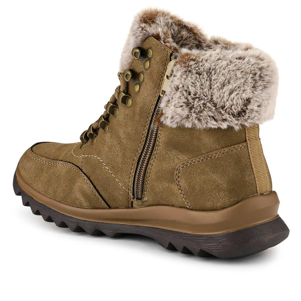 Pavers Faux-Fur-Cuffed Lace-Up Boots - Khaki