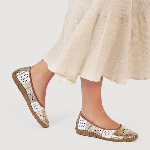 Pavers Flat Leather Ballerina Shoes - Metallic