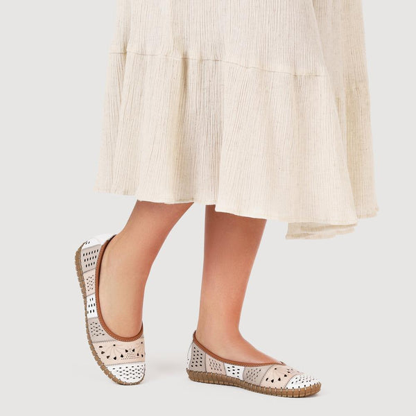 Pavers Flat Leather Ballerina Shoes - Natural Multi