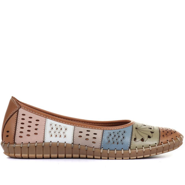 Pavers Flat Leather Ballerina Shoes - Tan Multi