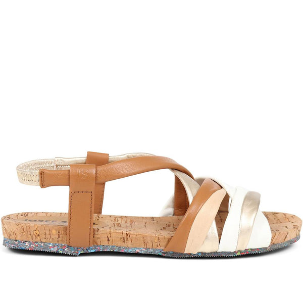 pavers Flat Leather Sandals - Tan Multi