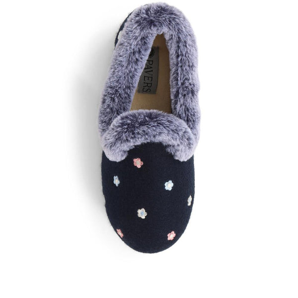 Pavers Floral Faux-Fur Slippers - Navy Floral