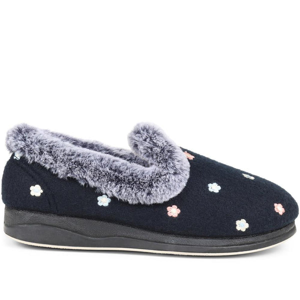 pavers Floral Faux-Fur Slippers - Navy Floral