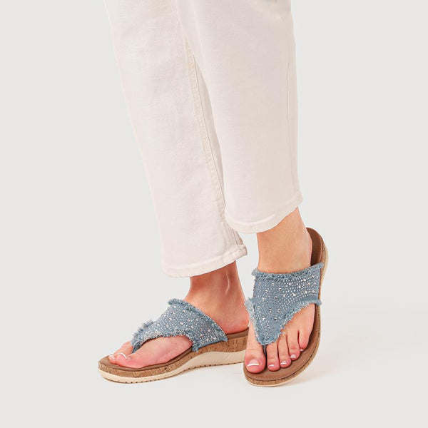 Pavers Frayed Design Toe Post Sandals - Light Blue