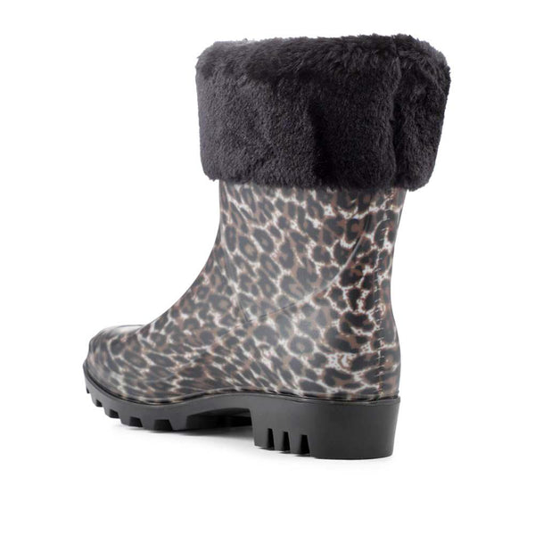 Pavers Fur Cuff Warm Lined Ankle Wellies - Leopard