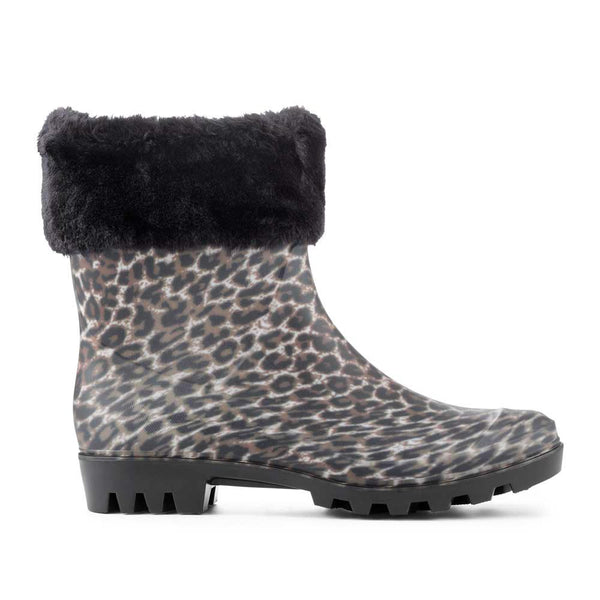 pavers Fur Cuff Warm Lined Ankle Wellies - Leopard