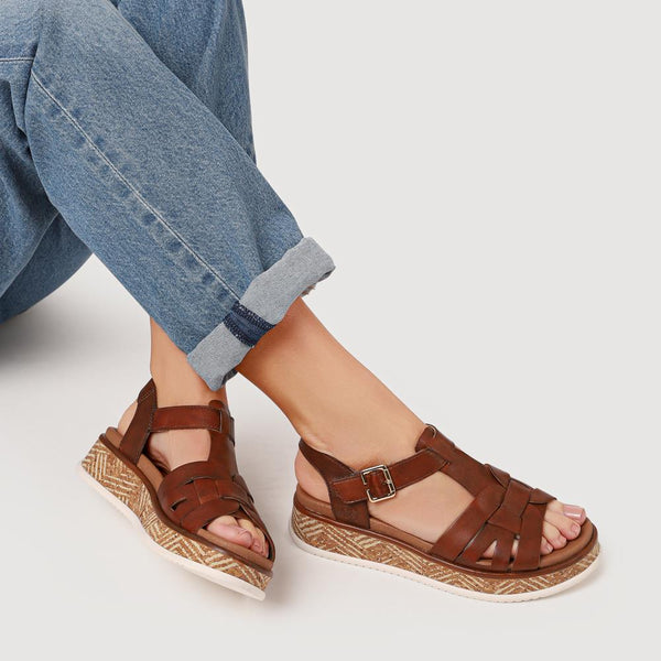 Pavers Leather Buckle-Up Sandals - Tan