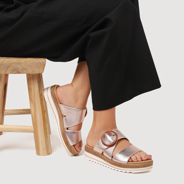 Pavers Leather Mule Wedge Sandals - Metallic