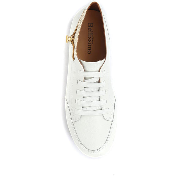 Pavers Leather Trainer With Zip Detail - White