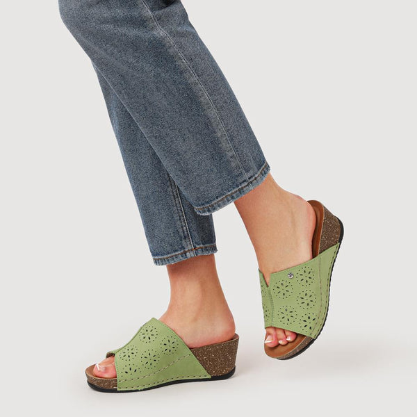 Pavers Leather Wedge-Heeled Mules - Green
