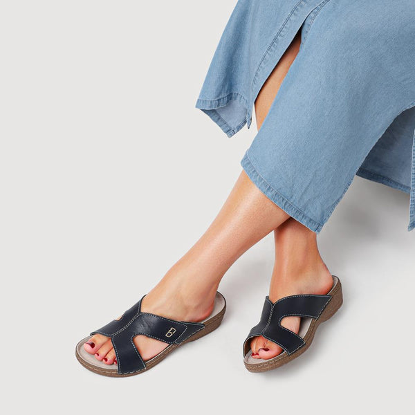 Pavers Leather Wedge-Heeled Mules - Navy