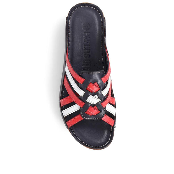 Pavers Leather Woven Wedge Mule Sandals - Navy-Red