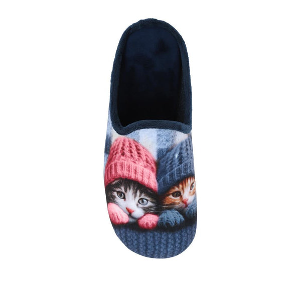 Pavers Lightweight Velour Kitten Slippers - Navy