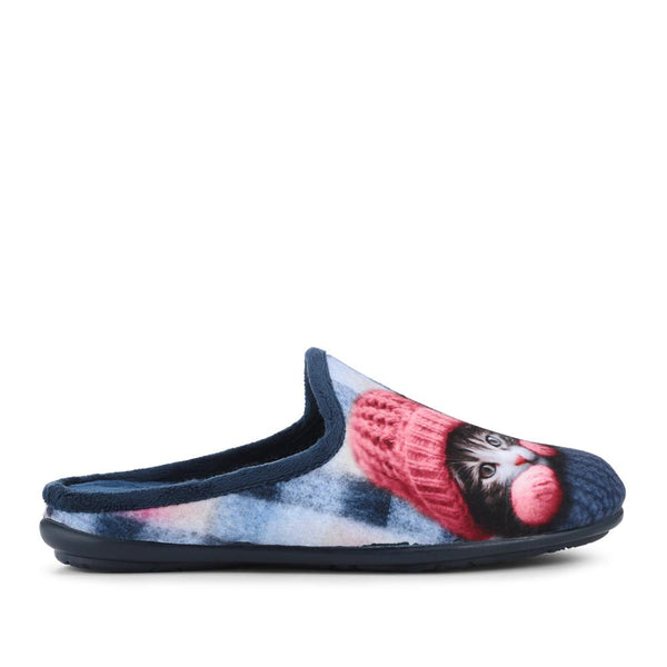 pavers Lightweight Velour Kitten Slippers - Navy