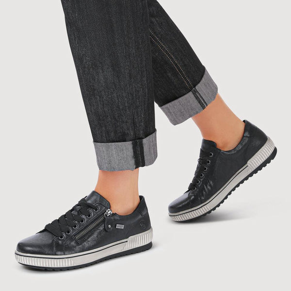Pavers Remonte Zip & Lace Leather Trainers - Black