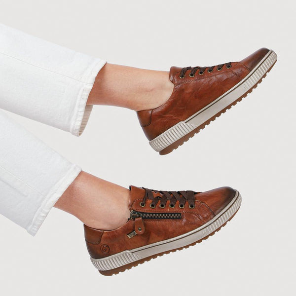 Pavers Remonte Zip & Lace Leather Trainers - Tan