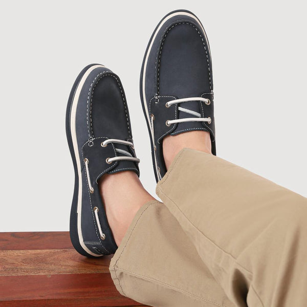 Pavers Rubber Soled Leather Boat Shoes - Navy