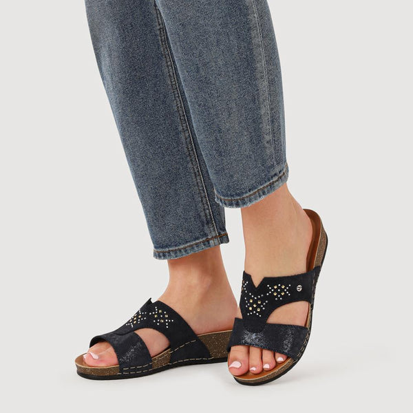 Pavers Shock-Absorbing Leather Wedge Mules - Blue