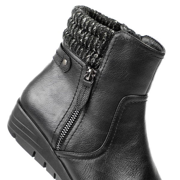 Pavers Smart Knitted Cuff Wedged Ankle Boots - Black