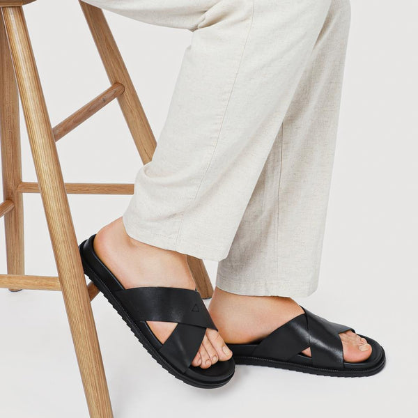 Pavers Strappy Leather Slides - Black