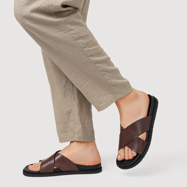 Pavers Strappy Leather Slides - Brown