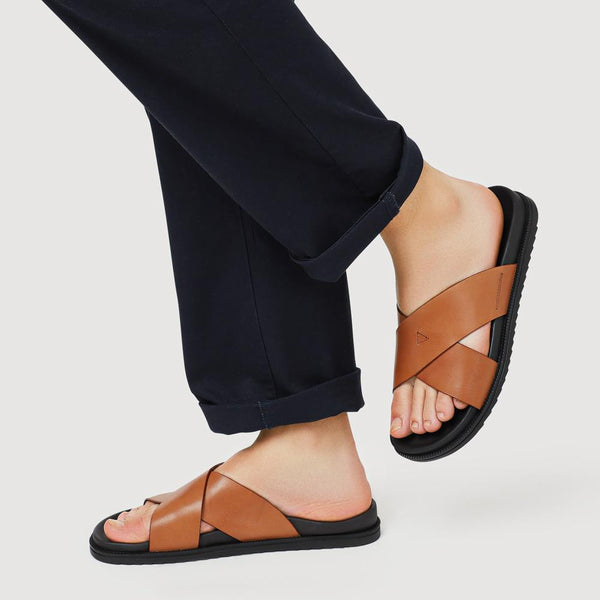 Pavers Strappy Leather Slides - Tan
