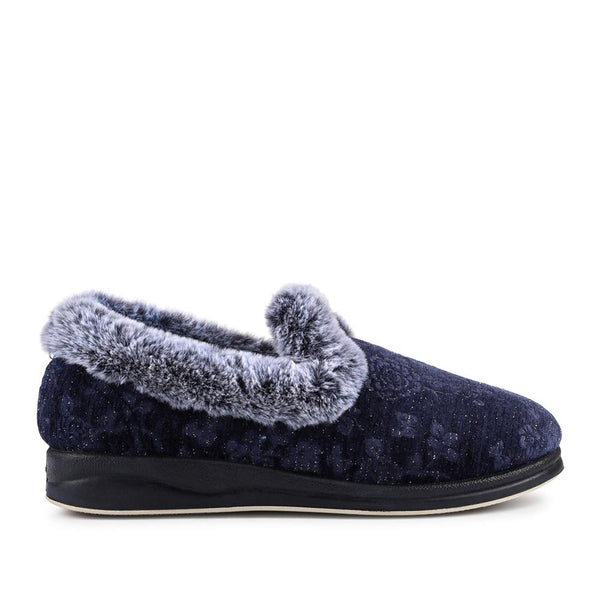 pavers Warm Memory Foam Velour Slippers - Navy