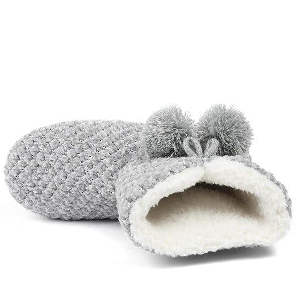 Pavers Warm Soft PomPom Slipper Boots - Grey-Silver