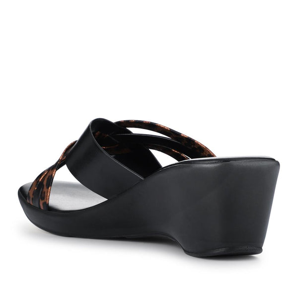 Pavers Wedge-Heeled Mules - Black Leopard