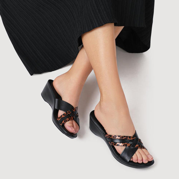 Pavers Wedge-Heeled Mules - Black Leopard