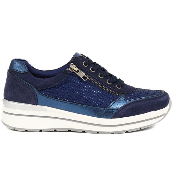 pavers Wide Fit Lace-Up Leather Trainers - Navy
