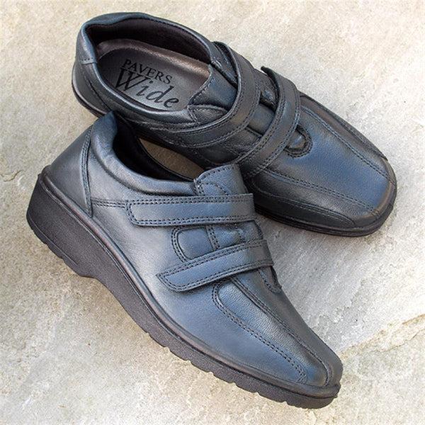 Pavers Wide Fit Leather Touch Fasten Shoes - Navy