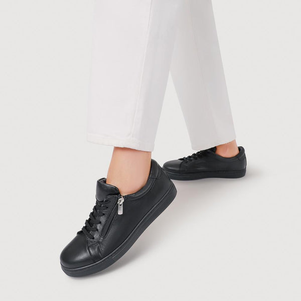Pavers Wide Fit Leather Zip & Lace Trainers - Black