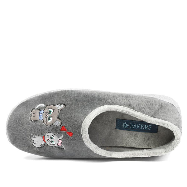 Pavers Wide Fit Soft Full Cat Slippers - Grey