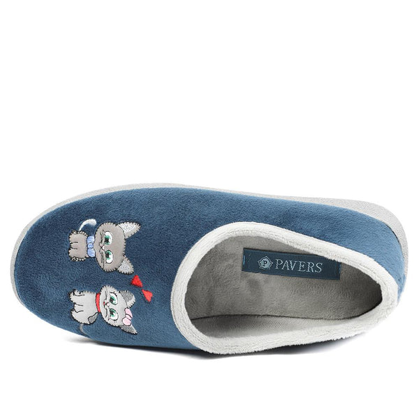 Pavers Wide Fit Soft Full Cat Slippers - Navy